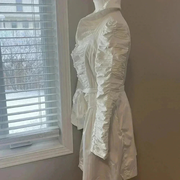 [M]Samuel Dong White Bubble Sleeves  Belted Dress Trench Coat - Picture 8 of 11